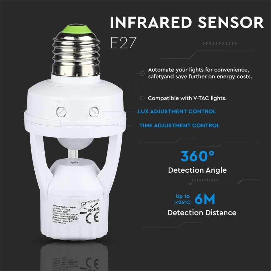 PIR-sensor voor E27-lamp wit