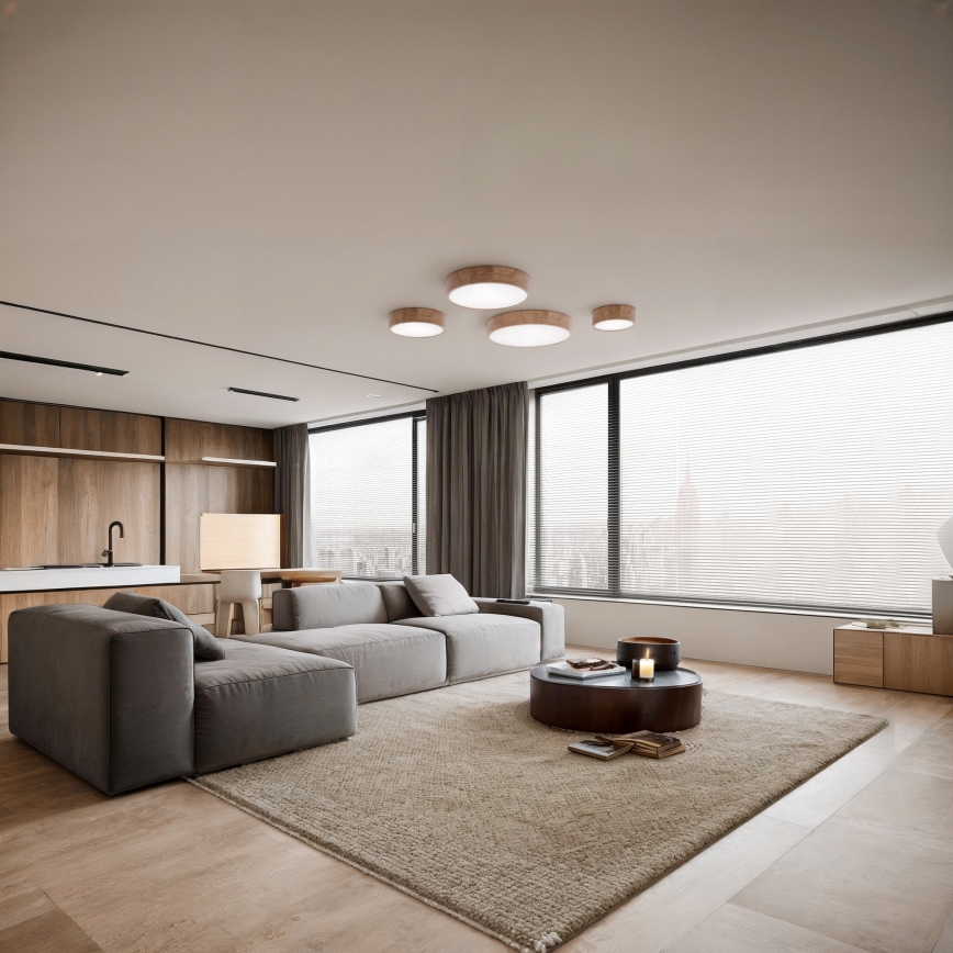 Plafondlamp met bewegings- en schemersensor CLEO 2xE27/24W/230V Ø 27,5 cm eiken