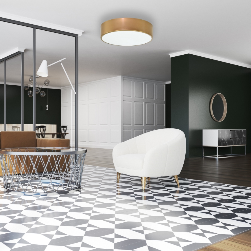 Plafondlamp met bewegings- en schemersensor CLEO 2xE27/24W/230V Ø 30 cm, goudkleurig