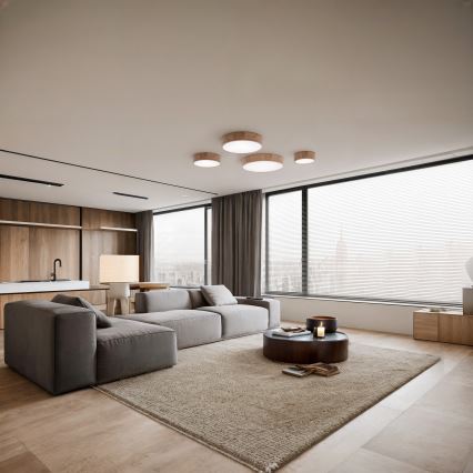 Plafondlamp met bewegings- en schemersensor CLEO 6xE27/24W/230V Ø 80 cm eiken