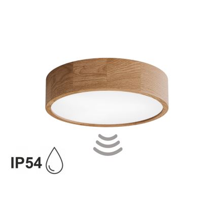 Plafondlamp voor badkamer met sensor CLEO 3xE27/24W/230V Ø 37,5 cm IP54 eiken