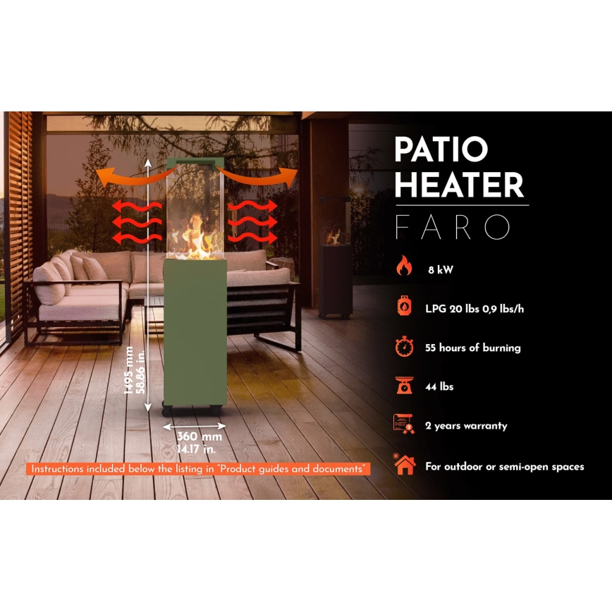 Planika - Buiten gas haard 142x36 cm 8kW 1xAAA groen + beschermende hoes