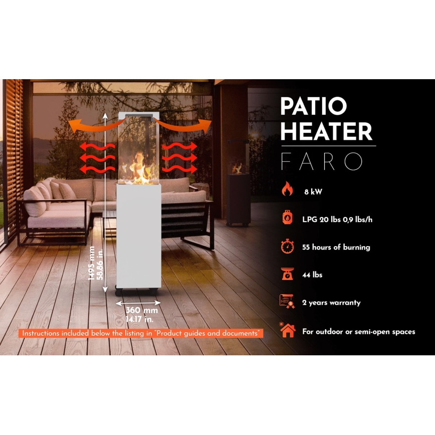 Planika - Buiten gas haard 142x36 cm 8kW 1xAAA wit + beschermende hoes