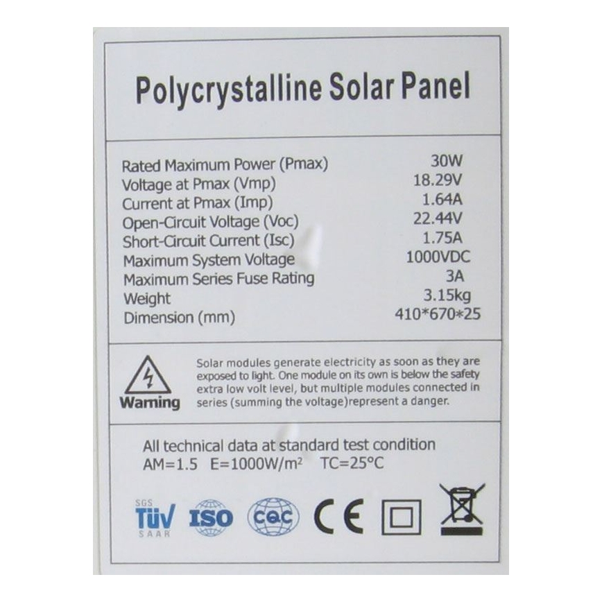 Polykristallijn fotovoltaïsch zonnepaneel 30W/12V