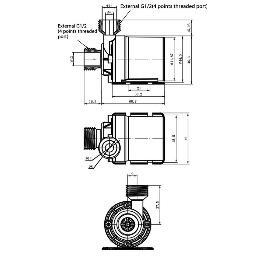 Pomp 12VDC 800l/uur G1/2"