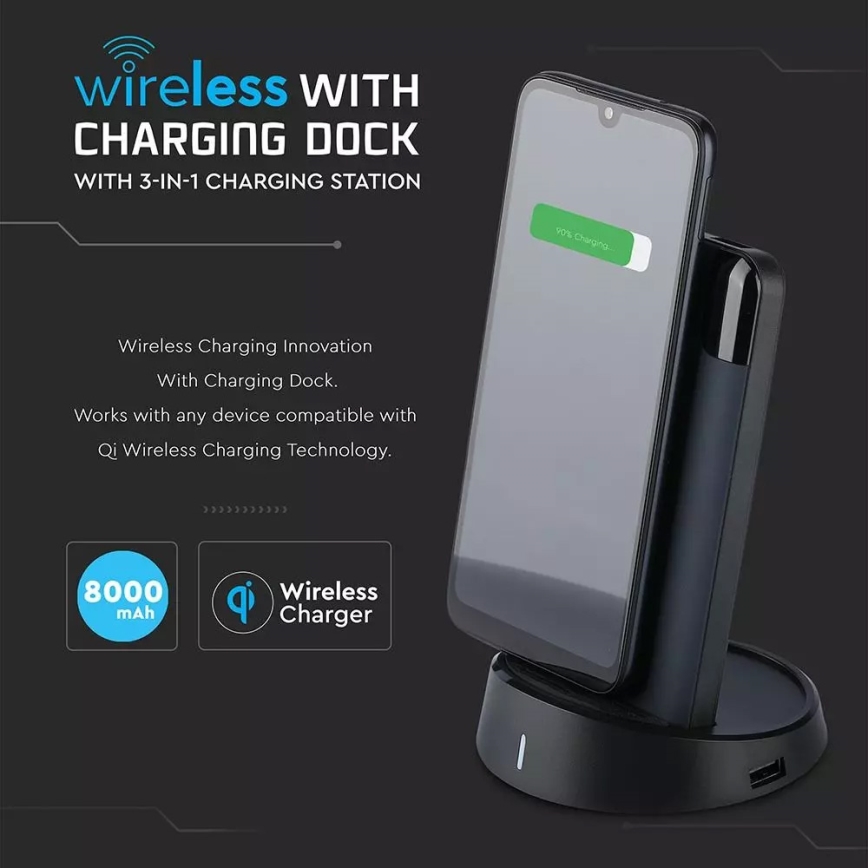 Power Bank 8000mAh/3,7V draadloos oplaadbaar met docking station blauw