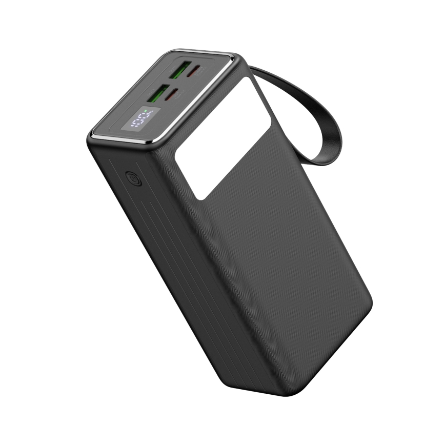 Powerbank 40000 mAh 65W Power Delivery 2xUSB-A + 2xUSB-C met LED Zaklamp met haak en magneet en USB-C kabel 1m zwart