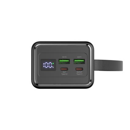 Powerbank 40000 mAh 65W Power Delivery 2xUSB-A + 2xUSB-C met LED Zaklamp met haak en magneet en USB-C kabel 1m zwart
