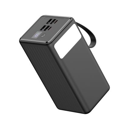 Powerbank 60000 mAh 20W Power Delivery 4xUSB-A + 2xUSB-C met LED Zaklamp met haak en magneet en USB-C kabel 1m zwart