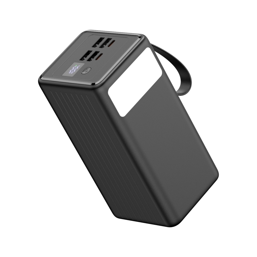 Powerbank 60000 mAh 20W Power Delivery 4xUSB-A + 2xUSB-C met LED Zaklamp met haak en magneet en USB-C kabel 1m zwart