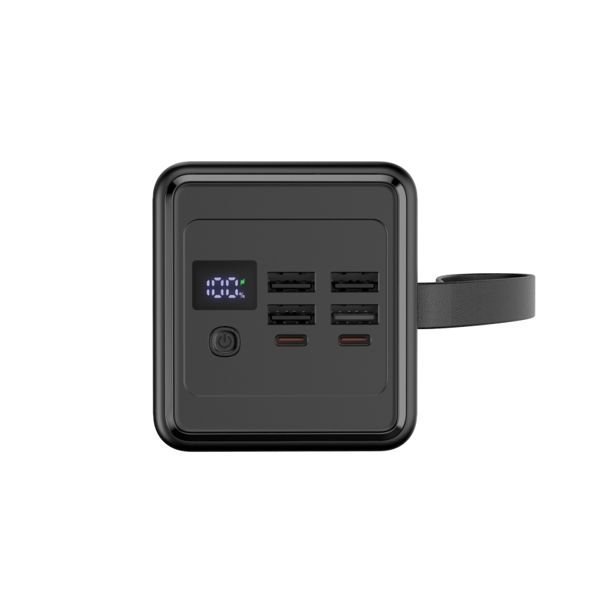 Powerbank 60000 mAh 20W Power Delivery 4xUSB-A + 2xUSB-C met LED Zaklamp met haak en magneet en USB-C kabel 1m zwart