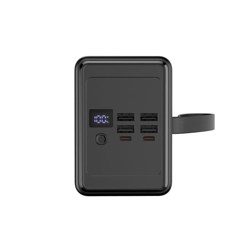 Powerbank 80000 mAh 20W Power Delivery 4xUSB-A + 2xUSB-C met LED Zaklamp met haak en magneet en USB-C kabel 1m zwart
