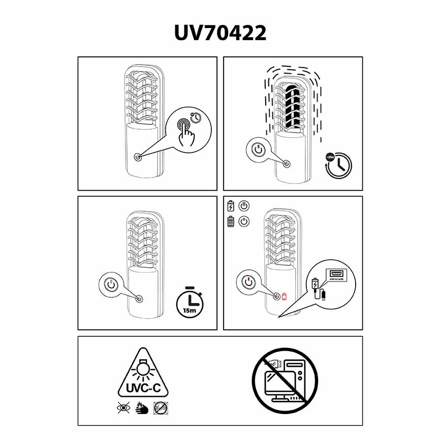 Prezent 70422 - Draagbare desinfectie kiemdodende lamp UVC / 2,5W / 5V USB