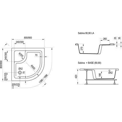 Ravak A217001020 - Kwartcirkelvormige douchebak SABINA 90 x 90 cm wit