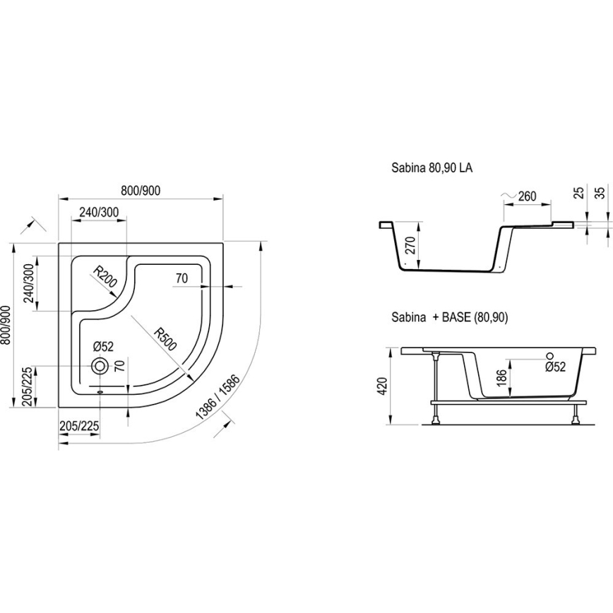 Ravak A217001020 - Kwartcirkelvormige douchebak SABINA 90 x 90 cm wit