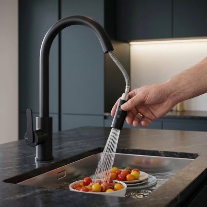 REA-B6571 - Keukenkraan met uittrekbare handdouche ONTARIO 38 cm zwart