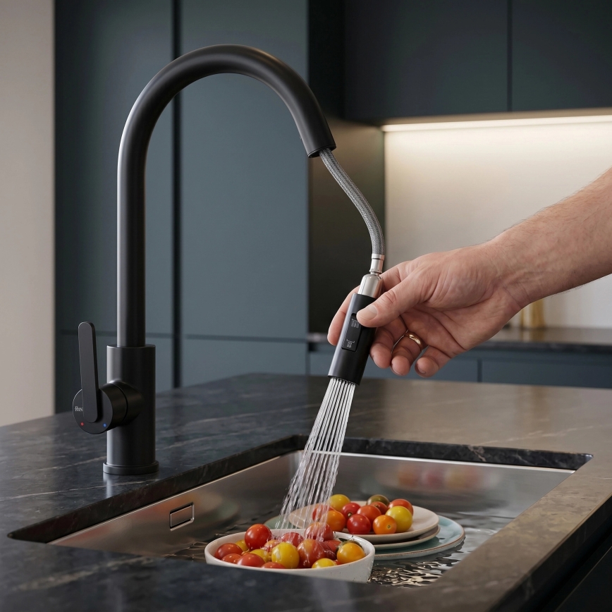 REA-B6571 - Keukenkraan met uittrekbare handdouche ONTARIO 38 cm zwart