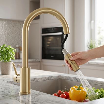 REA-B9842 - Aanraakbare keukenkraan met uittrekbare sproeikop FRESH TOUCH 37 cm 4xAA geborsteld goud