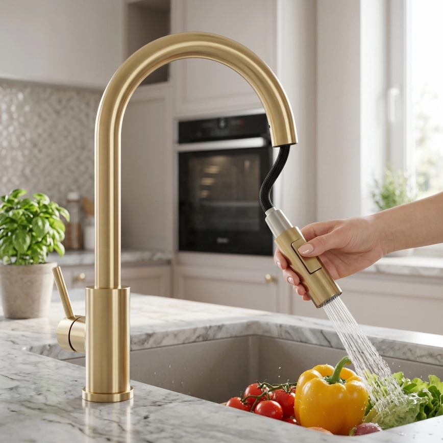 REA-B9842 - Aanraakbare keukenkraan met uittrekbare sproeikop FRESH TOUCH 37 cm 4xAA geborsteld goud