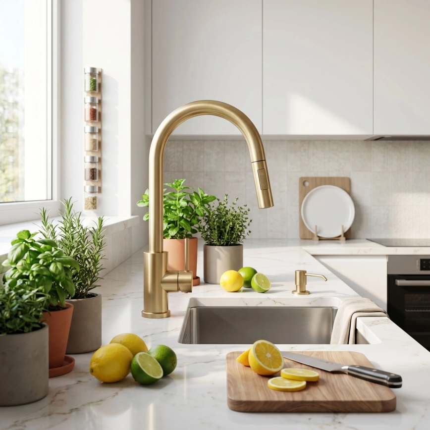 REA-B9842 - Aanraakbare keukenkraan met uittrekbare sproeikop FRESH TOUCH 37 cm 4xAA geborsteld goud