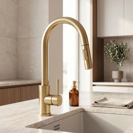 REA-B9842 - Aanraakbare keukenkraan met uittrekbare sproeikop FRESH TOUCH 37 cm 4xAA geborsteld goud