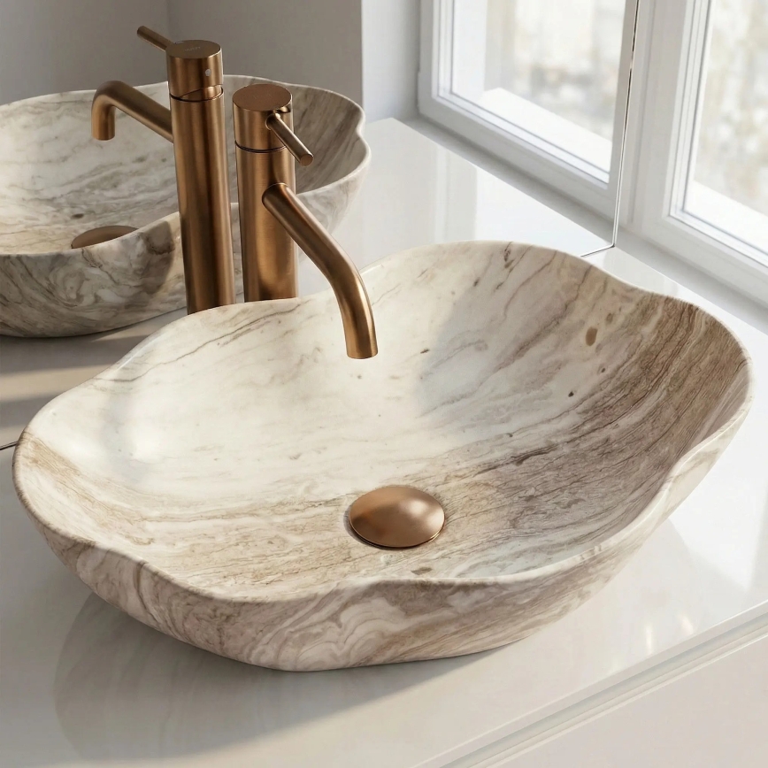 REA-U0618 - Waskom voor op werkblad PEARL 38x50,5 cm keramiek/beige/steenlook