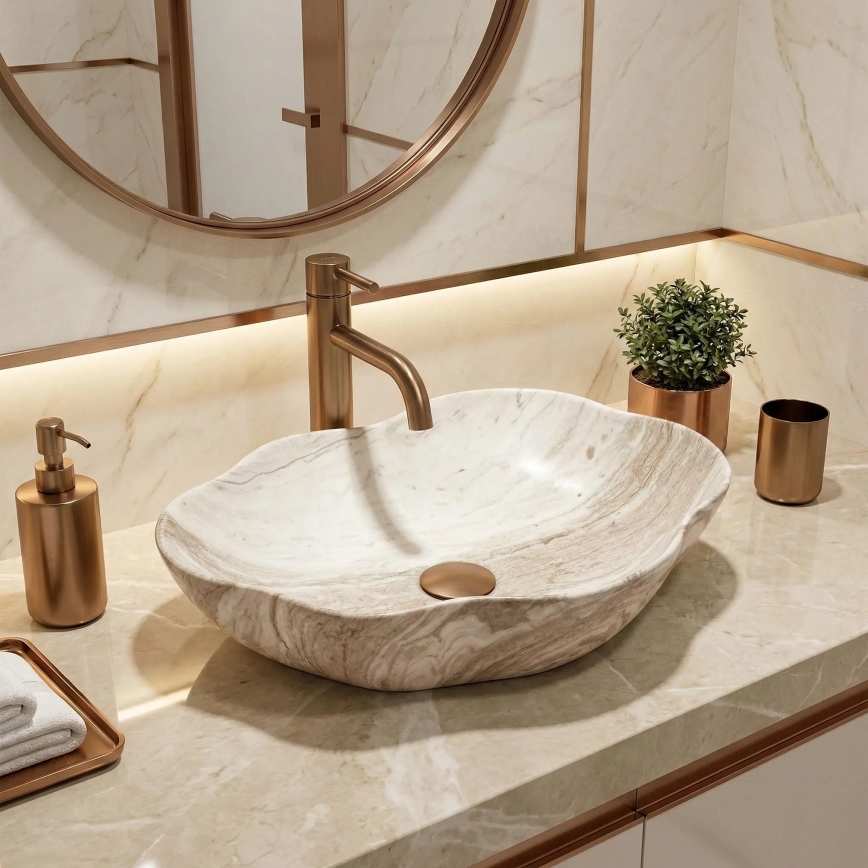 REA-U0618 - Waskom voor op werkblad PEARL 38x50,5 cm keramiek/beige/steenlook