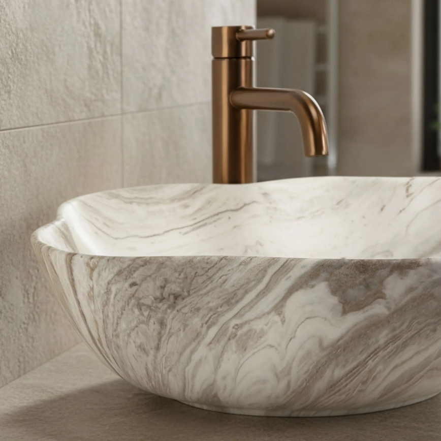 REA-U0618 - Waskom voor op werkblad PEARL 38x50,5 cm keramiek/beige/steenlook