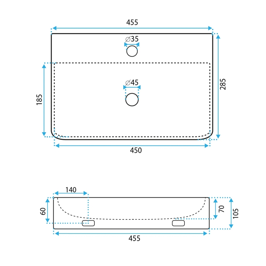 REA-U0630 - Wastafel NAOMI, opbouw- of hangend, 28,5x45,5 cm, keramiek/wit