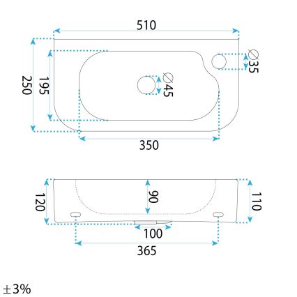 REA-U3610 - Opzet-/wandwastafel ODETTA 25x51 cm keramiek, glanzend wit