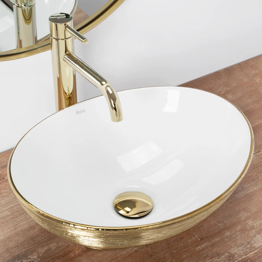 REA-U3697 - Opzetwastafel SOFIA 34,5x41 cm keramiek/wit/geborsteld goud