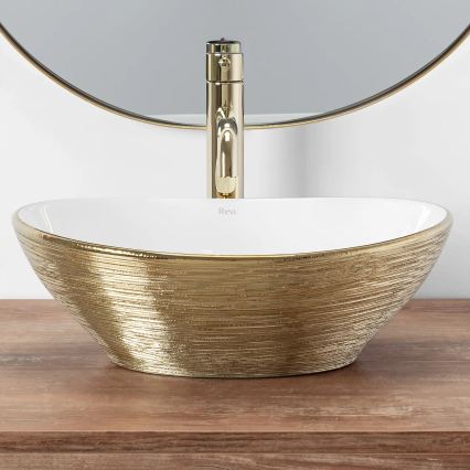 REA-U3697 - Opzetwastafel SOFIA 34,5x41 cm keramiek/wit/geborsteld goud
