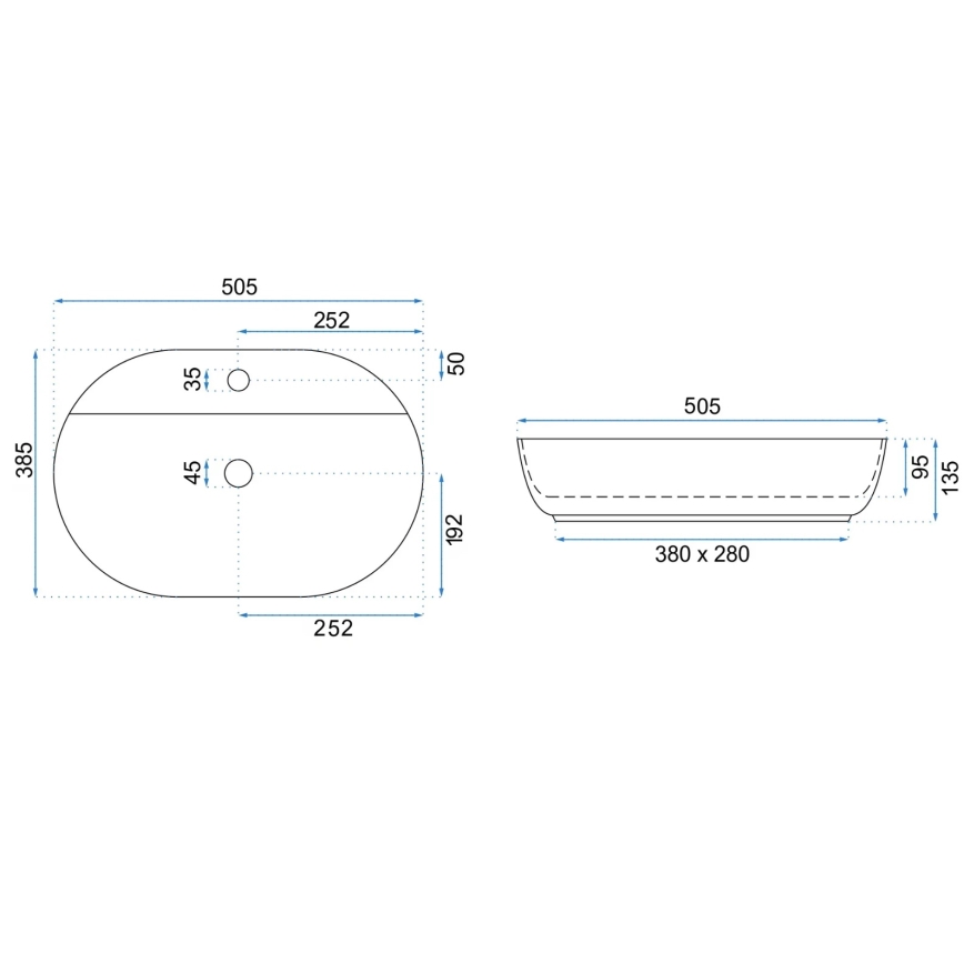 REA-U4620 - AURA opzetwastafel 38,5x50,5 cm keramiek/glanzend wit