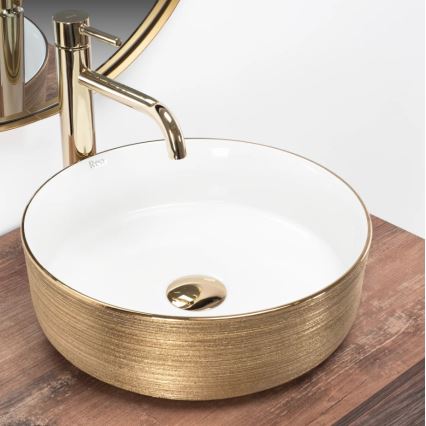 REA-U6630 - Opzetwastafel SAMI Ø 36 cm keramiek/wit/geborsteld goud