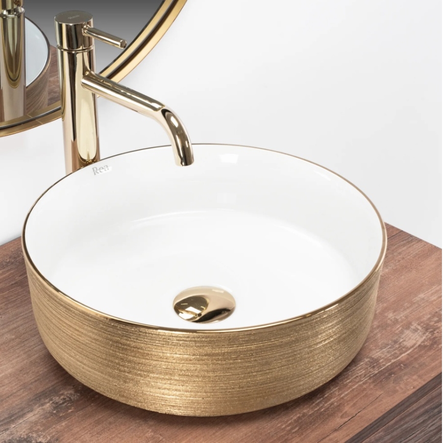REA-U6630 - Opzetwastafel SAMI Ø 36 cm keramiek/wit/geborsteld goud