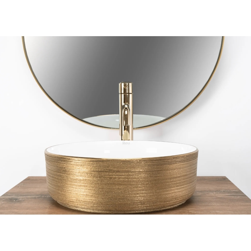 REA-U6630 - Opzetwastafel SAMI Ø 36 cm keramiek/wit/geborsteld goud