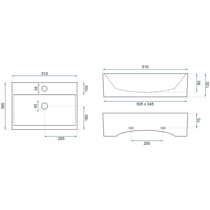 REA-U8701 - Opzetwastafel BONITA 36x51 cm keramiek/glanzend wit