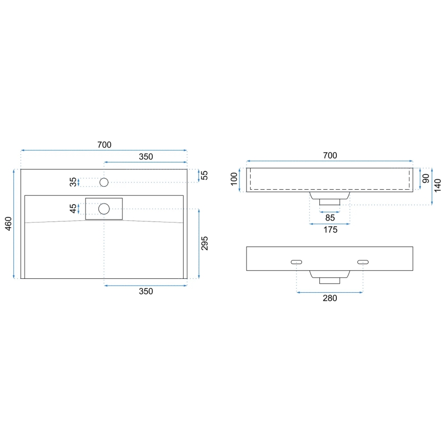 REA-U8902 - GOYA opbouwwastafel 46x70 cm composiet/mat wit