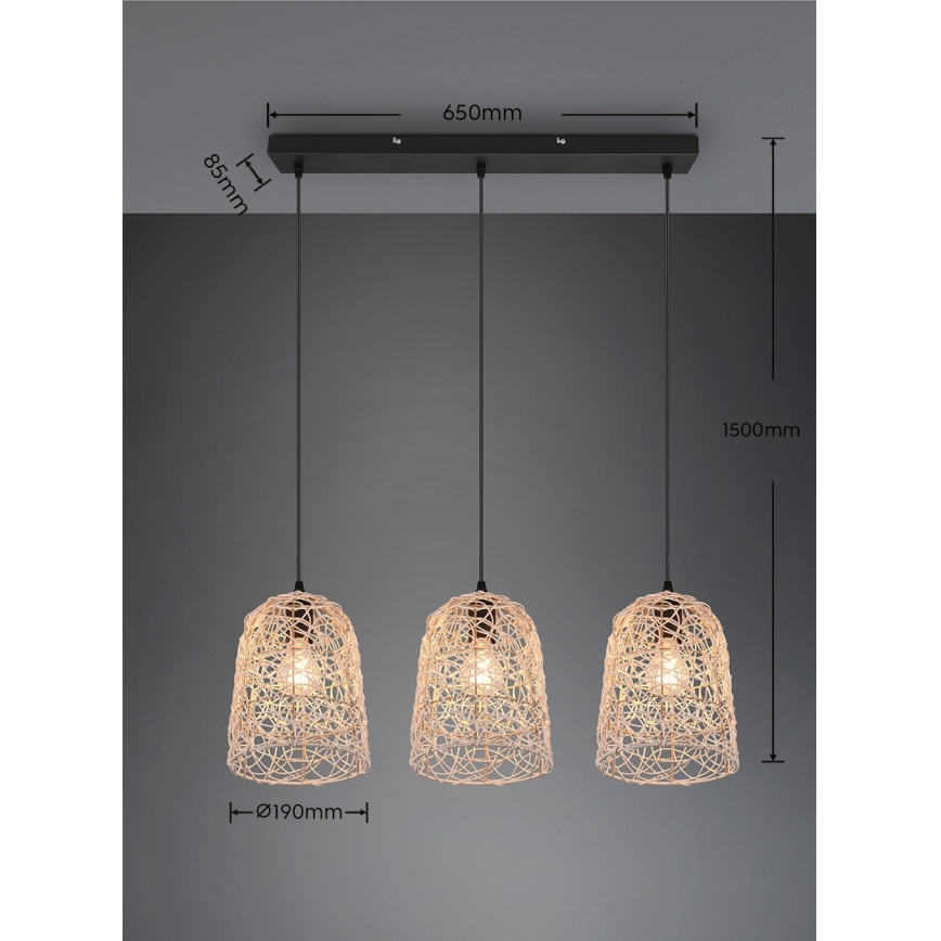 Reality - Hanglamp aan kabel LOVIS 3xE27/40W/230V zwart