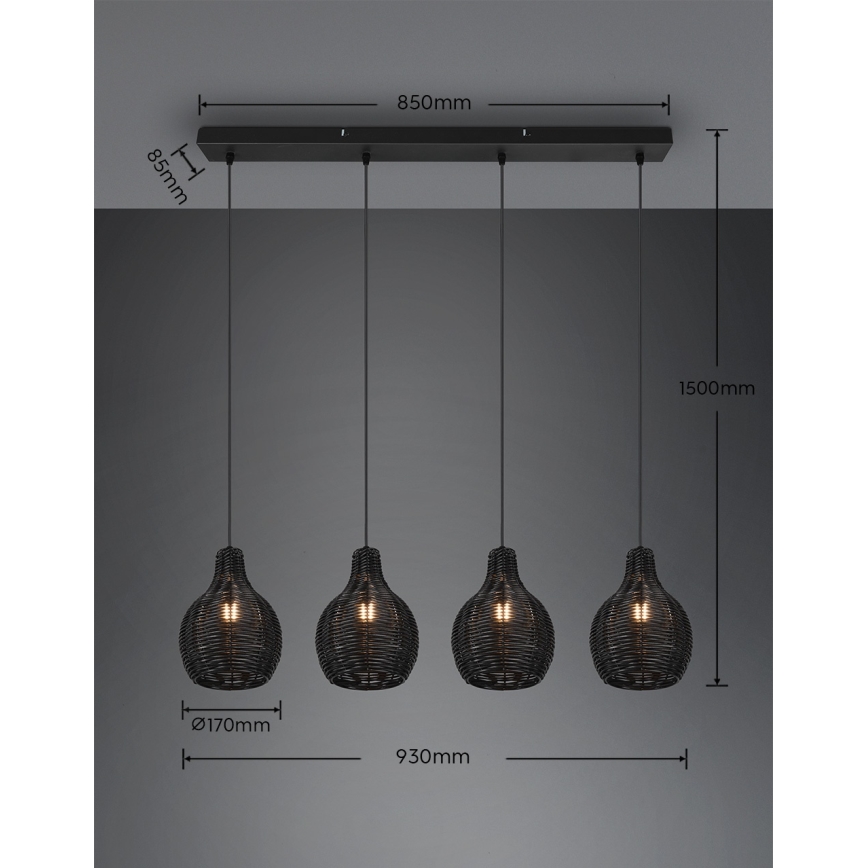 Reality - Hanglamp met kabel SPROUT 4xE14/30W/230V zwart/rotan