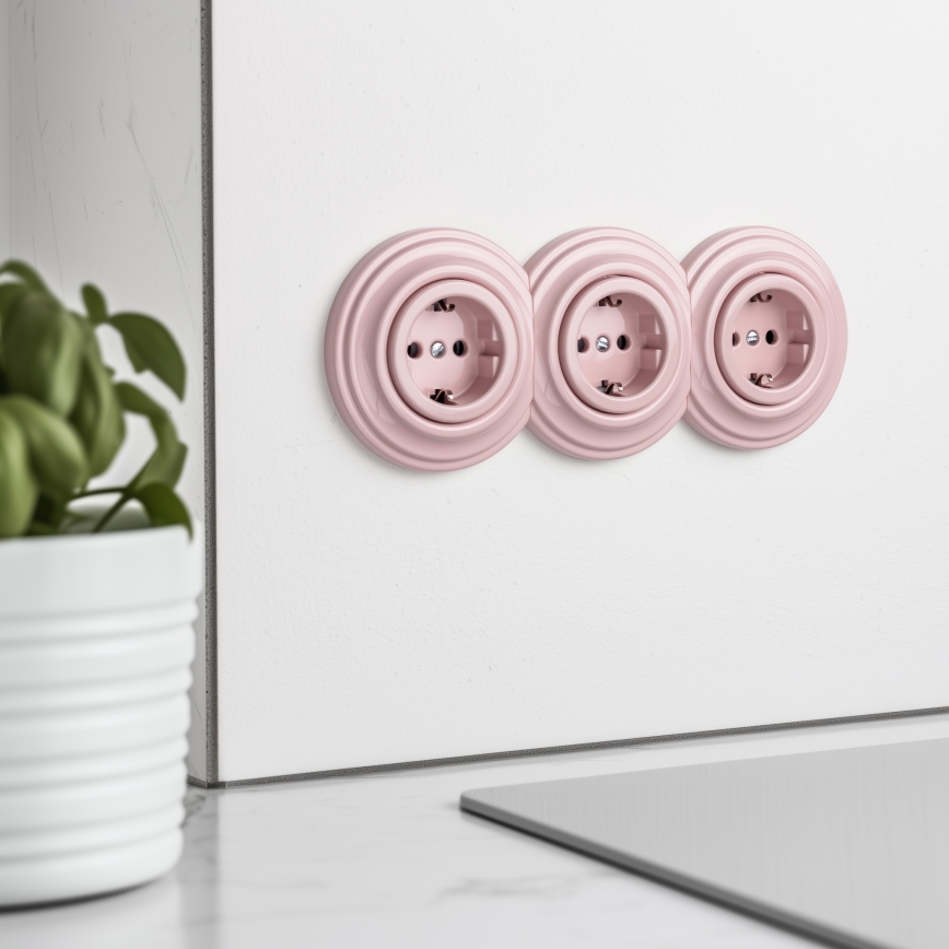 Reblig - Driedubbele retro-wandcontactdoos met SCHUKO-afdekraam 230V oudroze