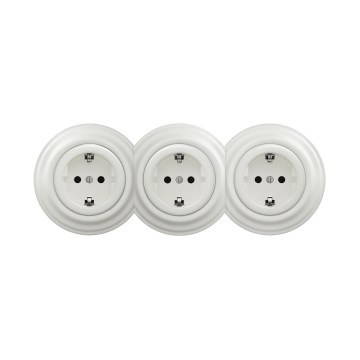 Reblig - Driedubbele retro-wandcontactdoos voor huishoudelijk gebruik met SCHUKO-afdekraam 230V keramisch wit