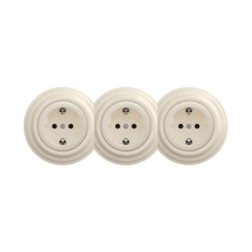 Reblig - Drievoudig retro-wandcontactdoos met frame, SCHUKO 230 V, beige