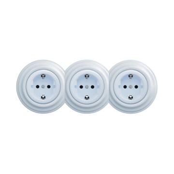 Reblig - Drievoudig retro wandcontactdoos met frame, SCHUKO 230V, blauw