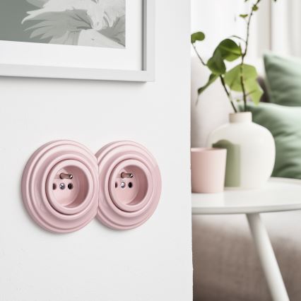 Reblig - Dubbel retro stopcontact voor huishoudelijk gebruik met frame 230V, oudroze