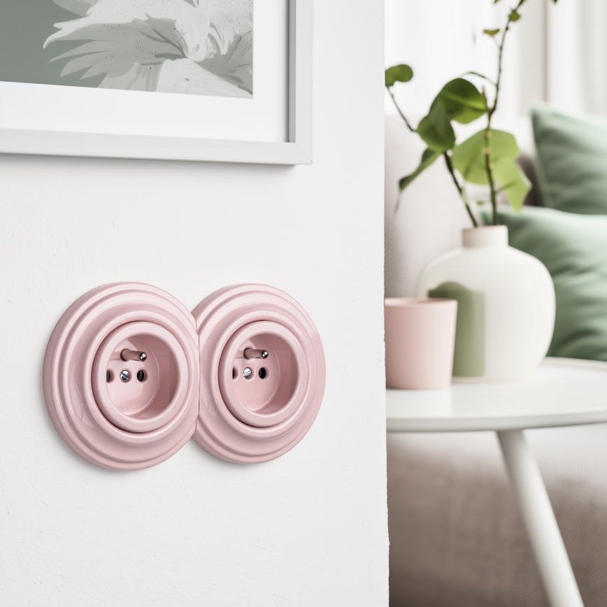 Reblig - Dubbel retro stopcontact voor huishoudelijk gebruik met frame 230V, oudroze