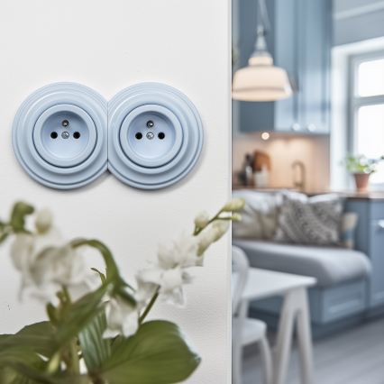 Reblig - Dubbele retro wandcontactdoos met afdekraam 230V blauw