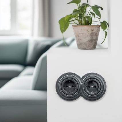 Reblig - Dubbele retro-wandcontactdoos met afdekraam SCHUKO 230V, antraciet