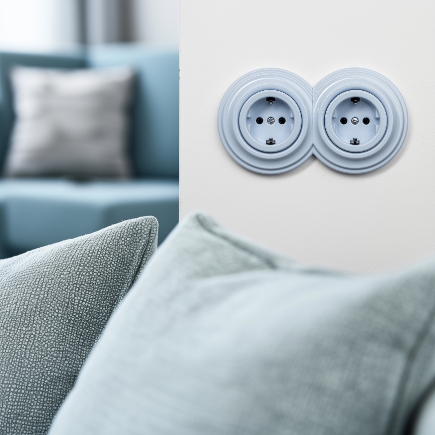 Reblig - Dubbele retro wandcontactdoos met afdekraam SCHUKO 230V blauw