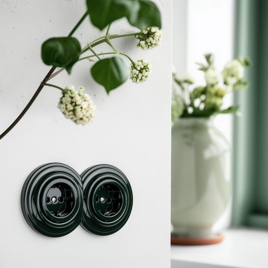 Reblig - Dubbele retro wandcontactdoos met afdekraam SCHUKO 230V groen